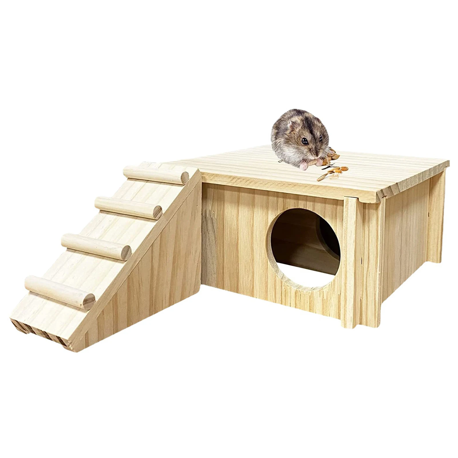 Hamster Wood House Sleeping House Cabin with Ladder and Window Cage Accessories for Gerbils Mouse Chinchilla