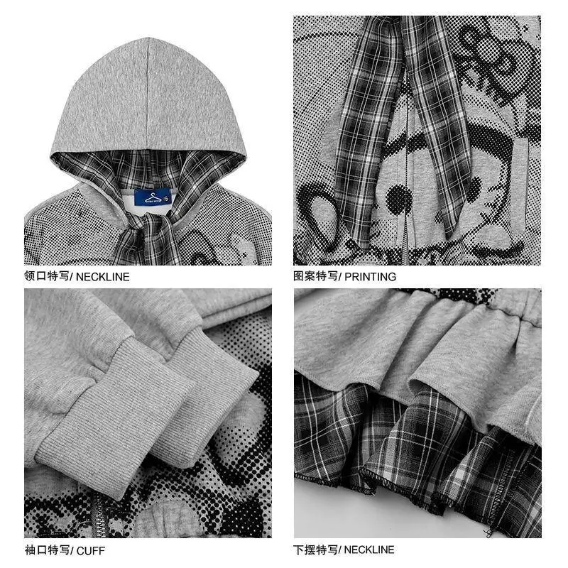 Sanrio Hello Kitty Kawaii Anime mode décontracté imprimé Plaid sweat à capuche Cardigan ample veste ensembles en Promotion pantalon