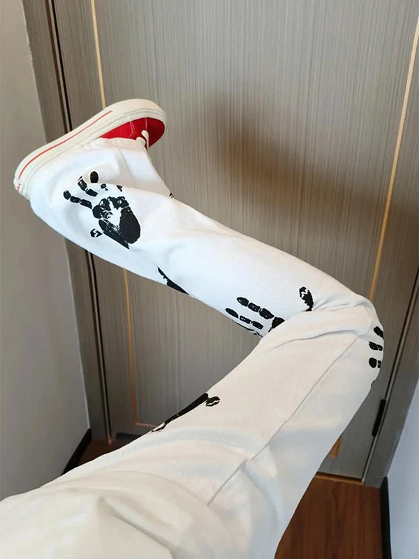 

White Palm Print Men's Jeans High Street Design Loose Straight Leg Micro Flared Long Trousers Casual Summer Jeans