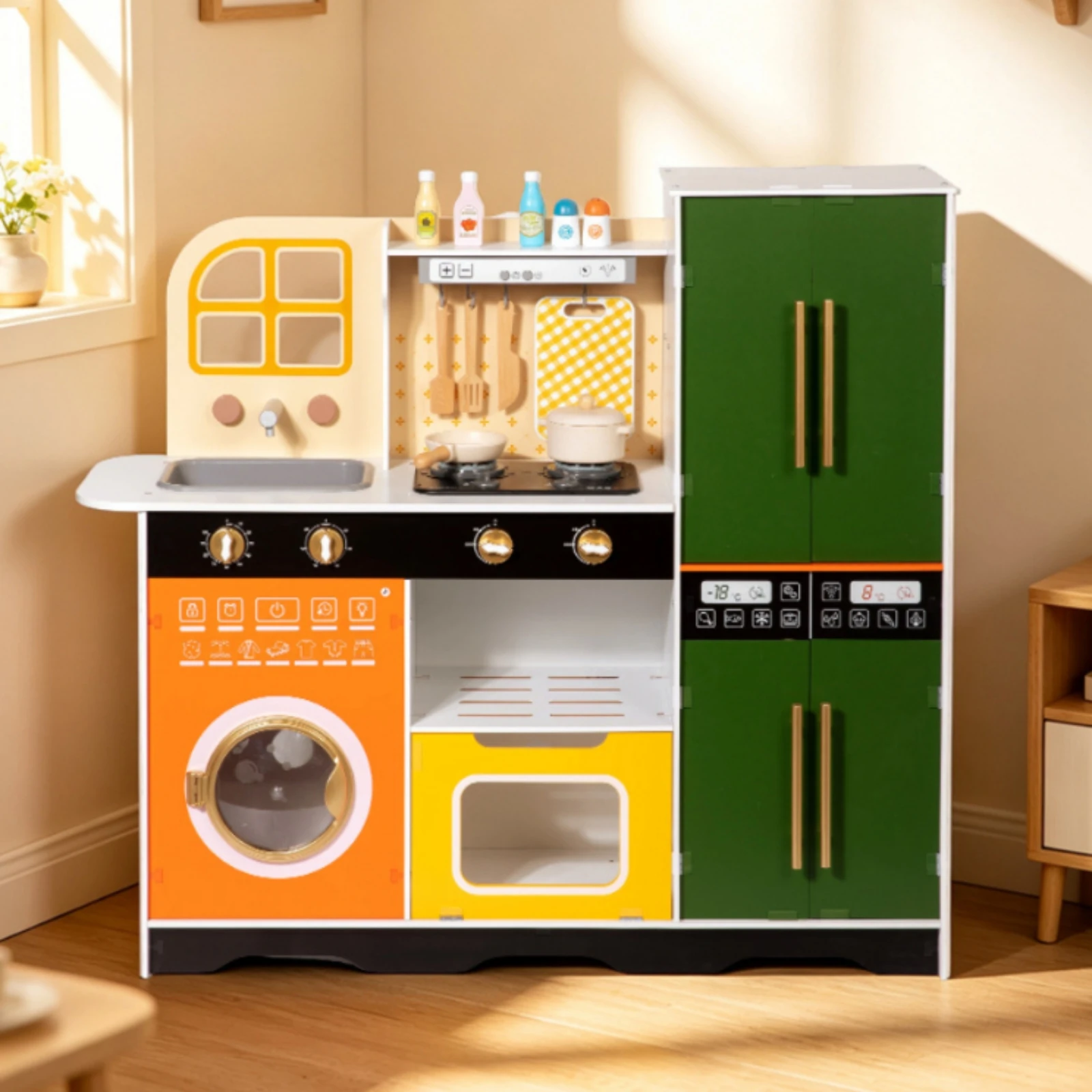 Wooden Play Kitchen with Sound Interactive Toy Kitchen Set with Accessories Toddler-Friendly Non for Toddlers, Playroom