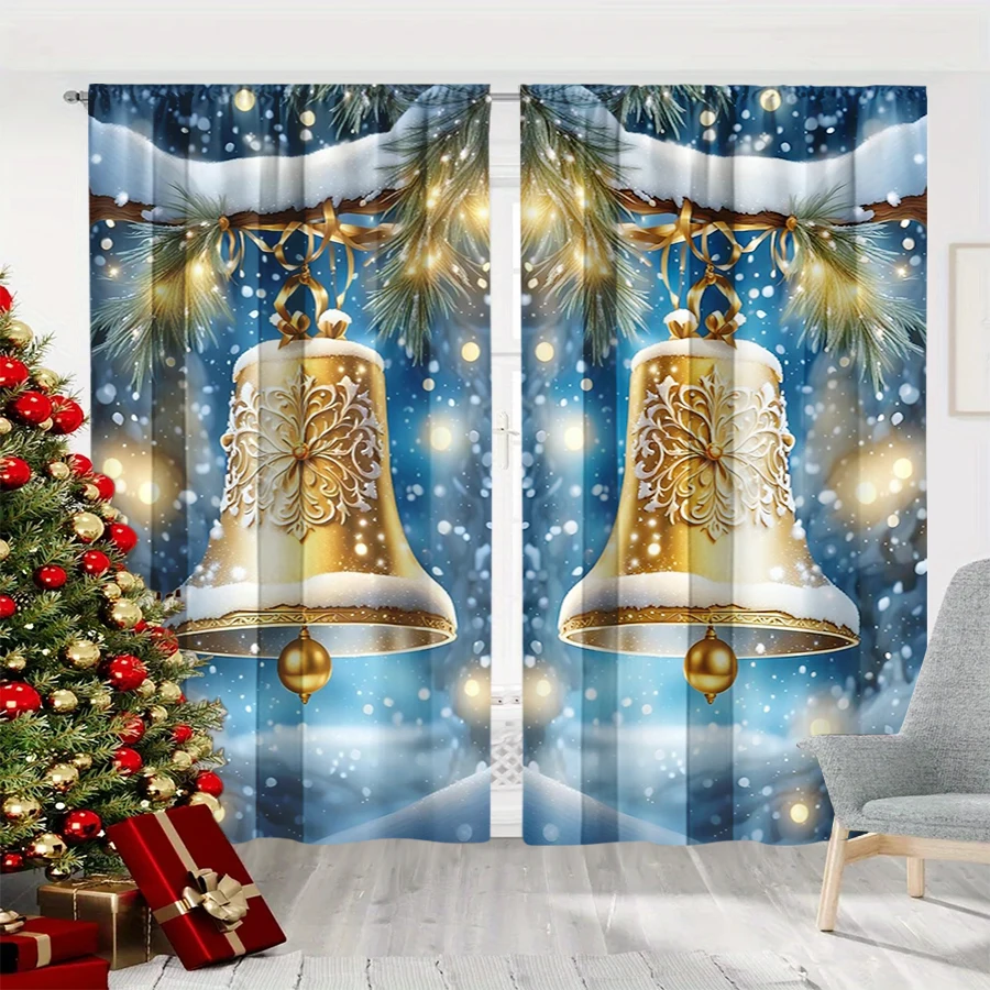 2PCS Christmas Winter Curtains, Golden Bell Pine Branch Snowy Light Blue, Digital Print, Bedroom Living Room, Home Decor