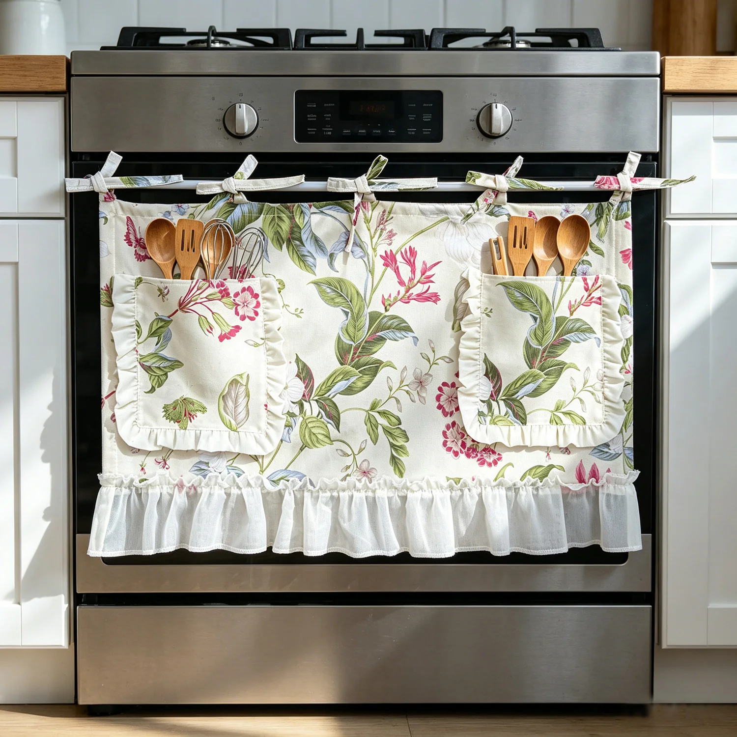 Farmhouse Floral Print Oven Curtain Tie Top with Pockets,  Vintage Ruffled Trim Kitchen Cafe Curtains with Valance