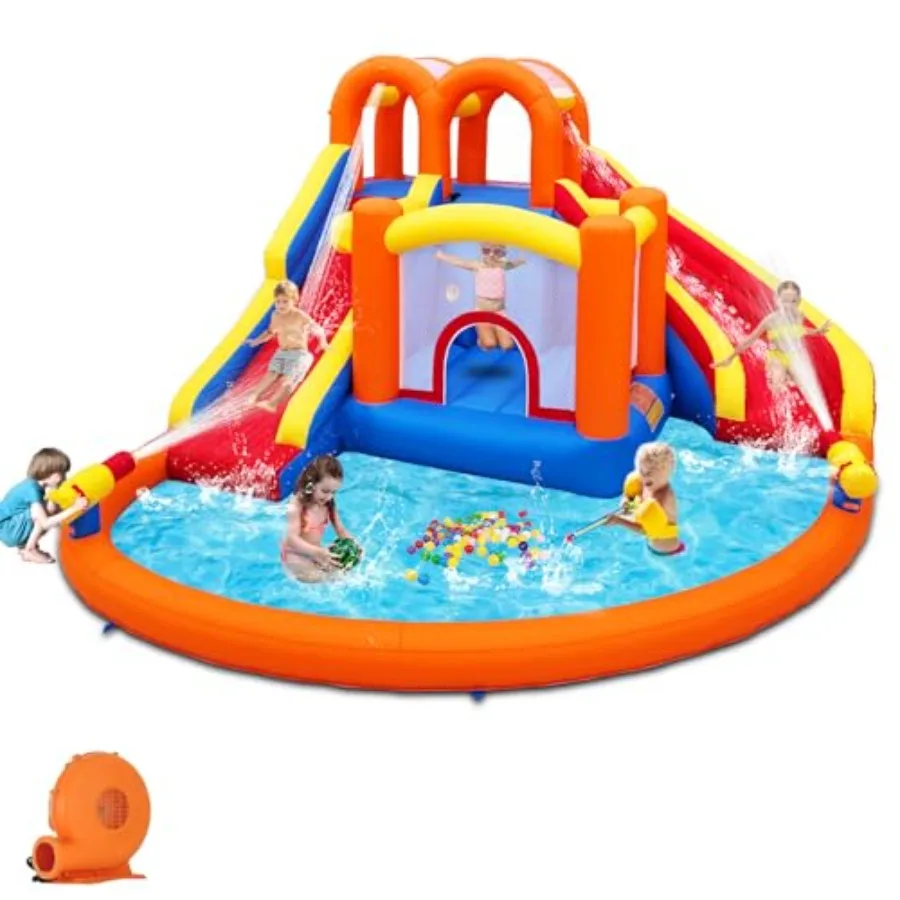 

Outdoor inflatable water park for summer use, PVC material, blue and yellow color, upgraded 2.0 version with dual slides, spray