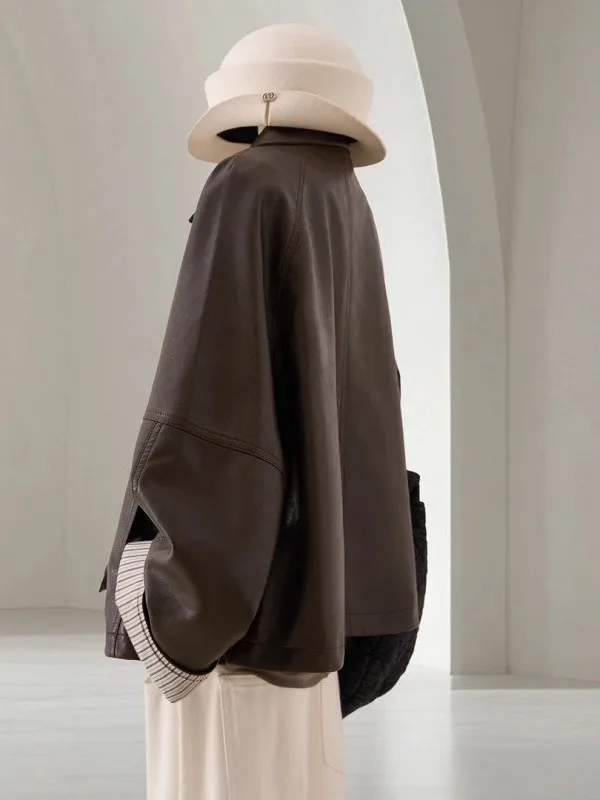 大きいサイズ 300 ポウファイオナブル パッチワーク ストライプ PU レザー ジャケット ルーズフィット 韓国風 スレ メンズ レディース 秋冬コート