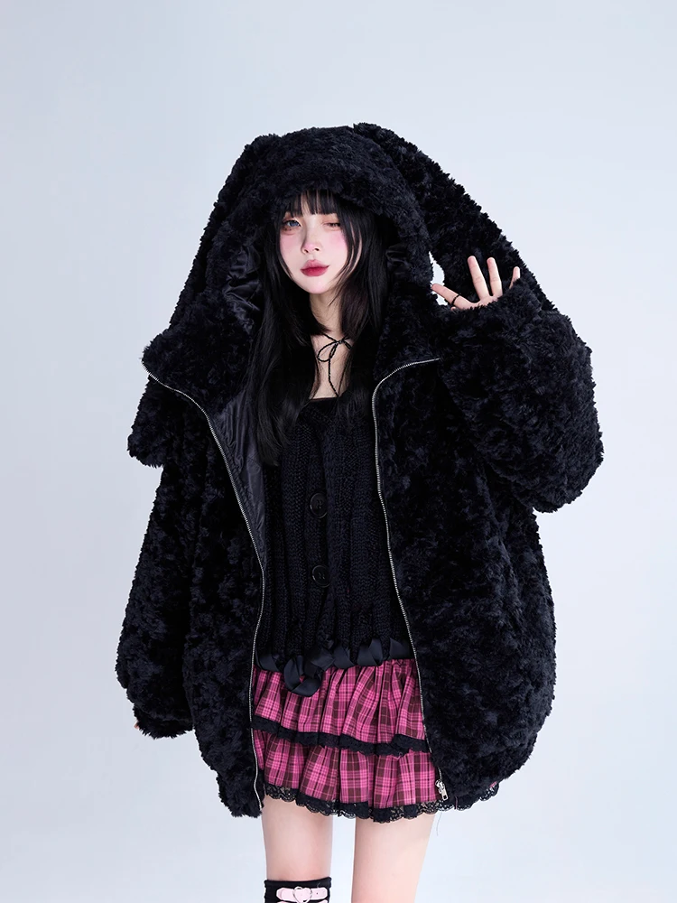 Harajuku Subculture Punk Kawaii Black Plush Jacket Autumn Winter New Girl's Sweet Cool Gothic Loose Gothic Faux Fur Jacket