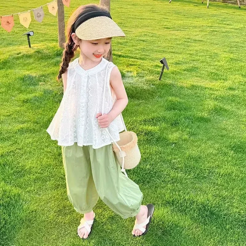Girls Clothing Suits Kids Summer Trend Top+Thin Pants 2Pc Children Petal Hem Sleeveless Tank Outfit Baby Loose Trousers Set 2-8Y