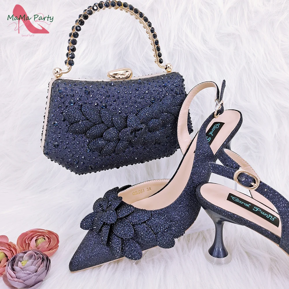 2024 Special New Design Shoes and Bag Set Italian Pu Mid Heels with Crystal in Navy Blue Color High Quality Pump for Wedding