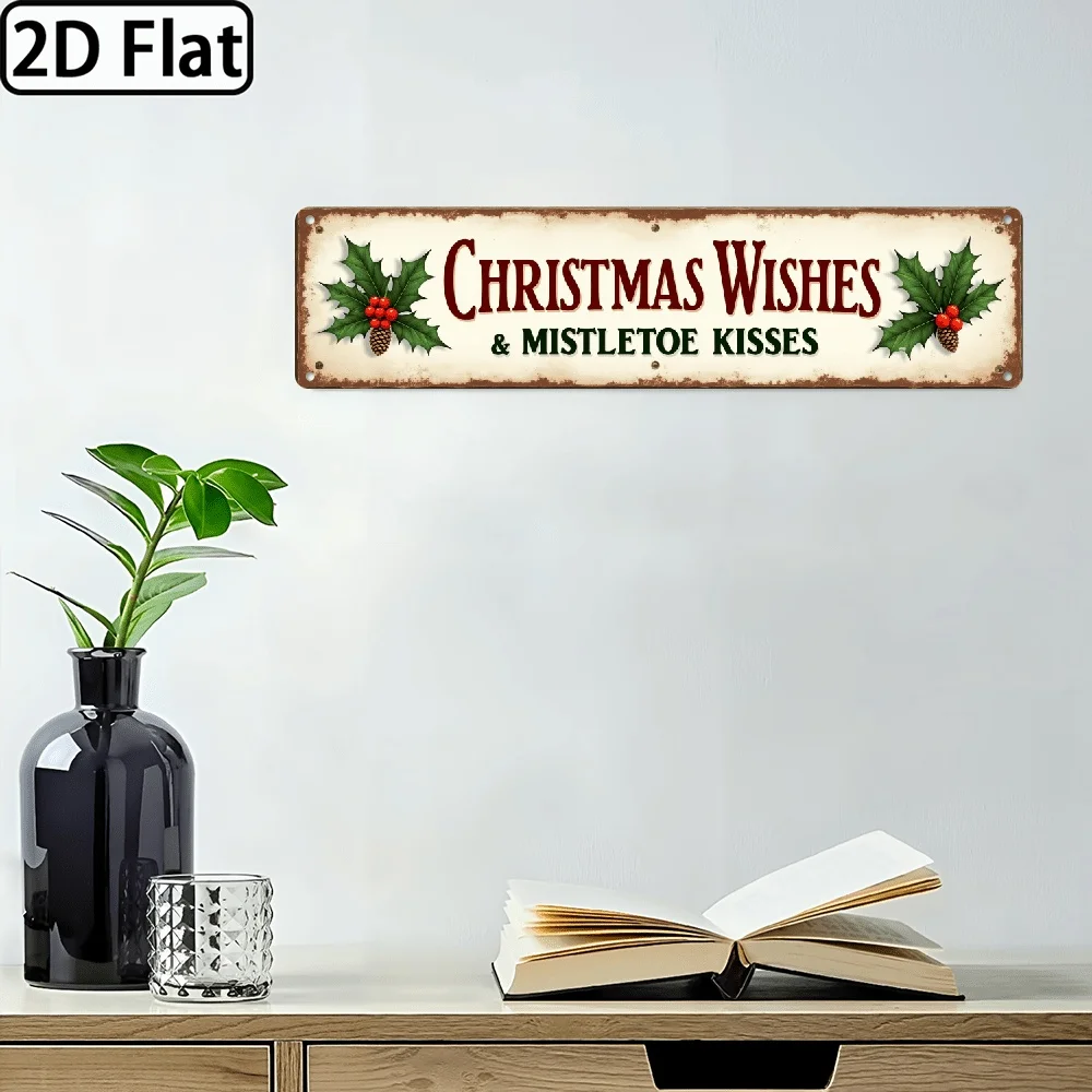 Christmas Wishes Mistletoe Kisses Metal Sign Christmas Theme Wall Hanging Vintage Style Wall Decor for Christmas Decorations
