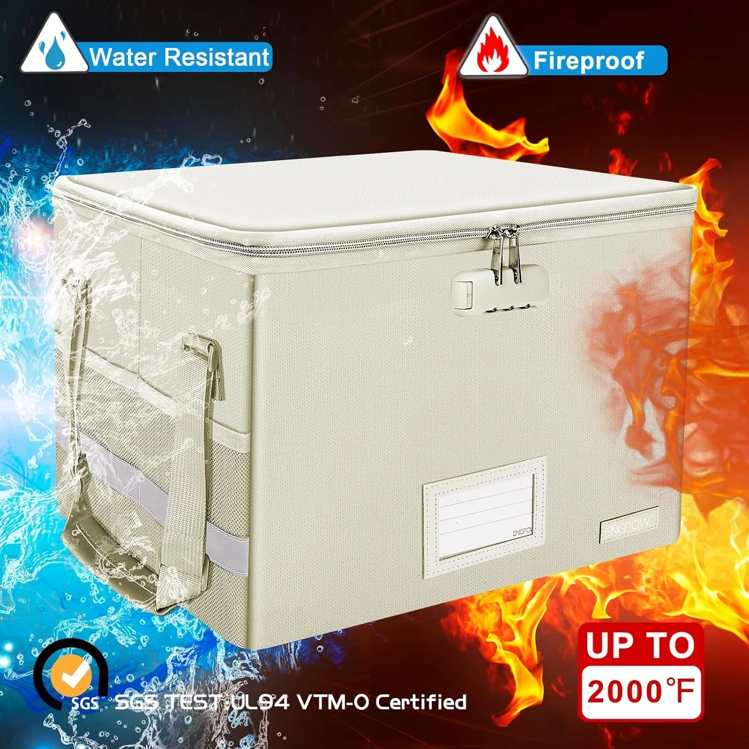 صندوق ملفات مع قفل، صندوق مستندات مقاوم للحريق مع غطاء بسحاب، خزانة حفظ الملفات القابلة للطي مع مقابض، بيج