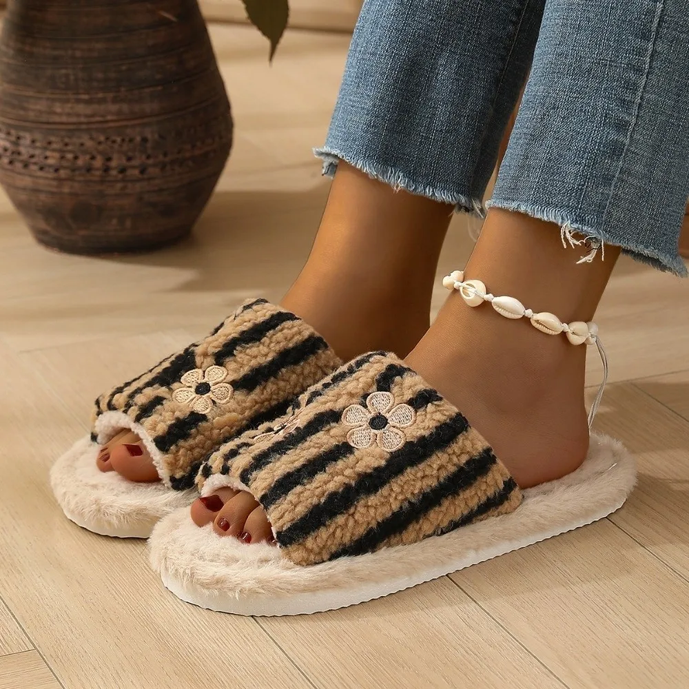 Ins Flower Fur Indoor Slippers Colorful Striped Short Home Slippers Anti-slip Keep Warm Winter Cotton Slides Winter