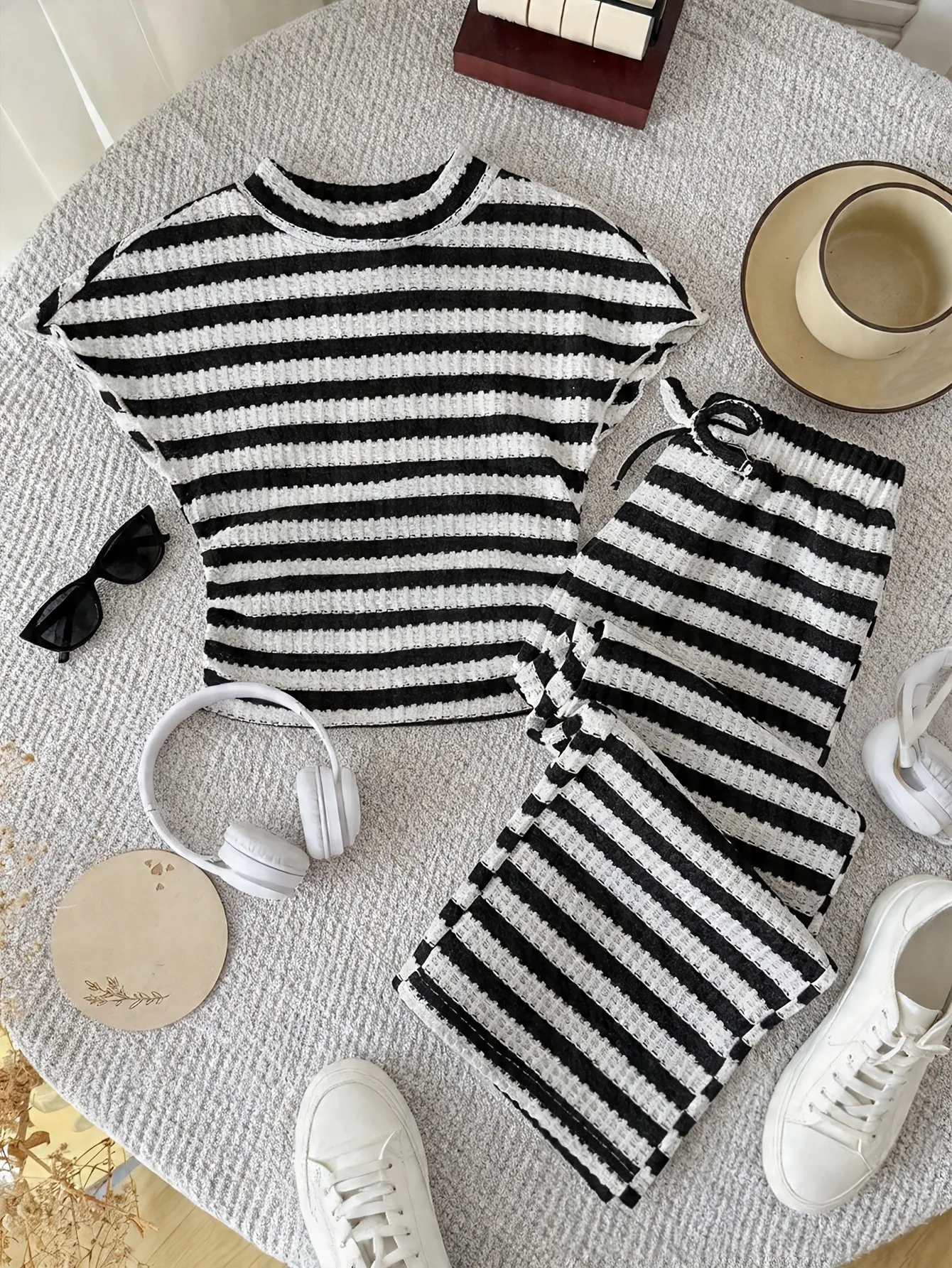 Trendy Kids Girls Striped Waffle Knit Co-ord, Black & White Cap Sleeve Top + High Waist Wide Leg Pants for Summer