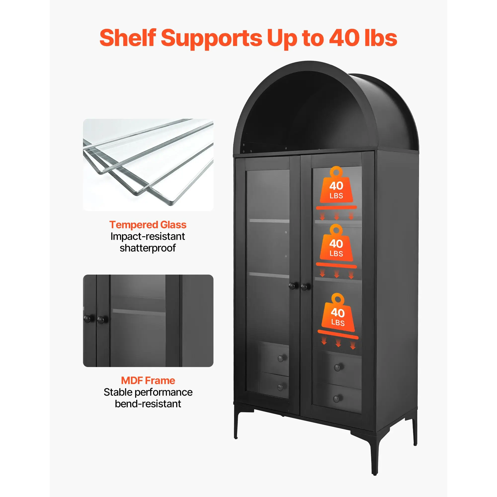 Arched Display Cabinet with Glass Doors, 70 in Tall Curio Cabinet, 4-Tier Display Case with 2 Adjustable Shelves, Bookcase Books
