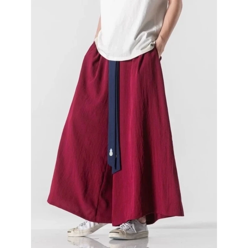 Autumn Winter Large Size Men's Casual Wide Leg Skirt Pants Embroidered Hanfu Loose Comfortable Leisure Trousers