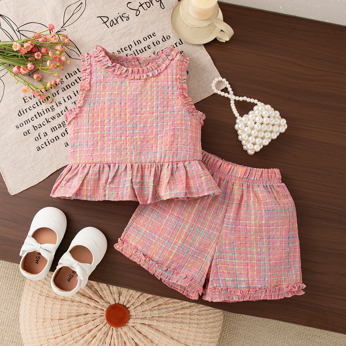 Beach Party Sleeveless Top+Shorts Baby Girl Two-Piece Set, Summer New Pink Checkered Children'S Clothing (9 Months -3 Years Old)