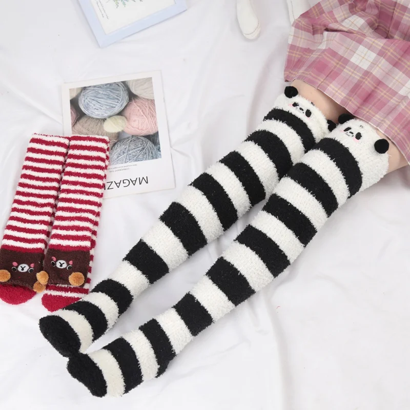 Women Girl Cute Winter Striped Coral Velvet Long Socks Warm Thicke Knee Length Socks Cute Bear Fox Sheep Home Towel Stockings