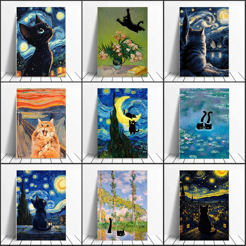 Klassische Poster der Serie „Schwarze Katze unter Sternenhimmel“ – Monet Blumen Drucke Leinwandgemälde Wandkunst Bilder für die Heimdekoration
