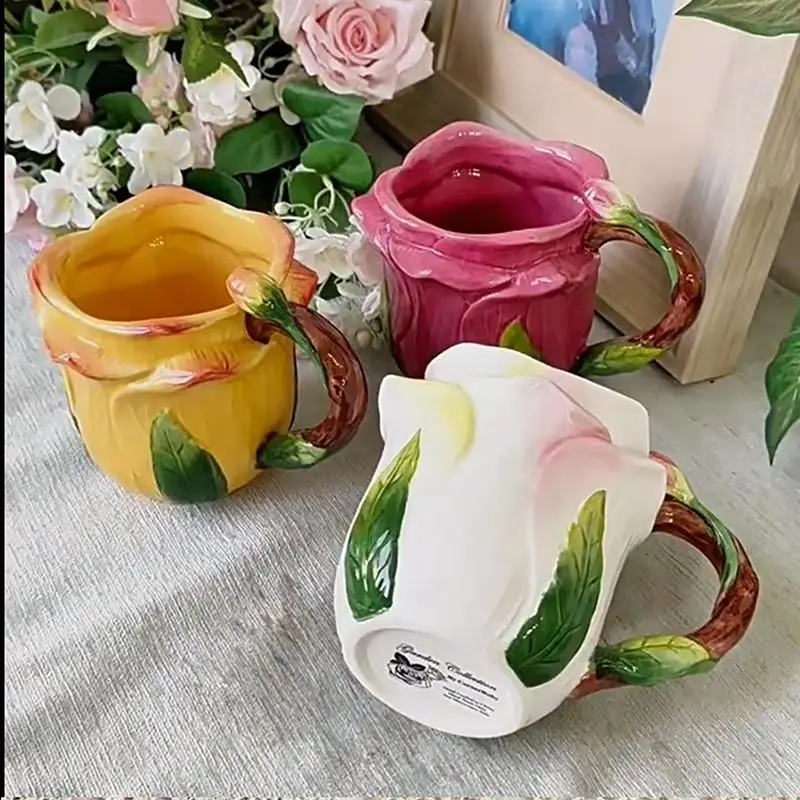 

Creative Painted Rose Ceramic Coffee Mug Home Breakfast Milk Oatmeal Cup Cartoon Style Exquisite Coffee Mug for Women Office Mug