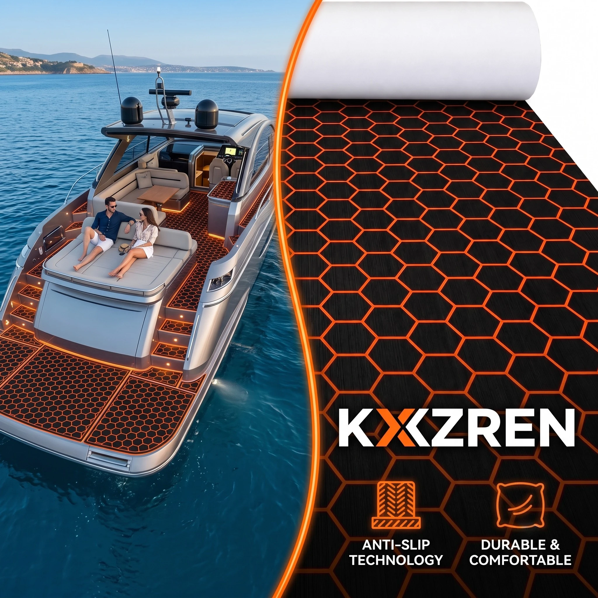 KXKZREN 2400x900mm EVA Foam Boat Flooring Pad Self Adhesive Marine Decking Mat Yacht RV Floor Sheet Anti-Slip Deck Pad Accessory