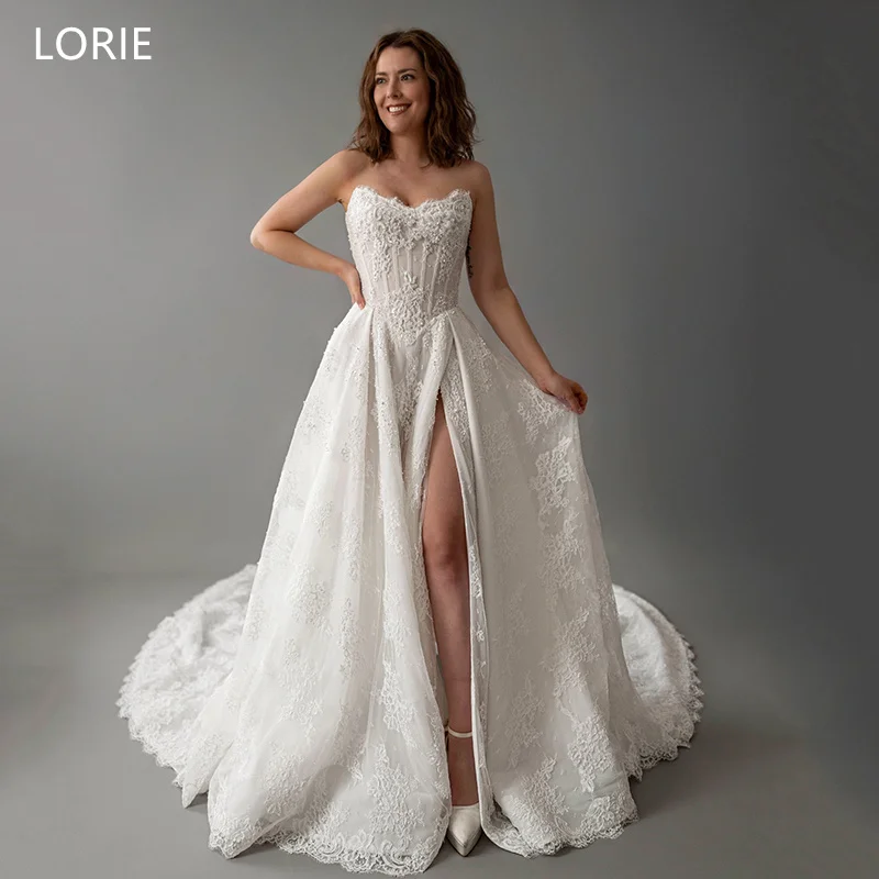 

LORIE Exquisite Lace A-Line Wedding Dresses Strapless Button Bride Prom Gown Corset Side Slit Bridal Gown Customized