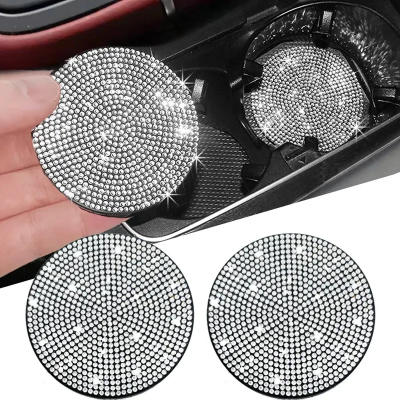 Car Interior Bling Decor Diamond Water Coaster Round Silicone Non-slip Pad Cup Insulation Pad Rhinestone Hot Drill Auto Supplies