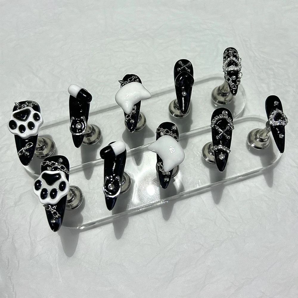 Kawaii Y2K Gyaru Black White Long Tip Handmade Press On Nails Jirai Kei 3D Cat Paw Love Cross Fake Nails Kawaii Dark Nail Art