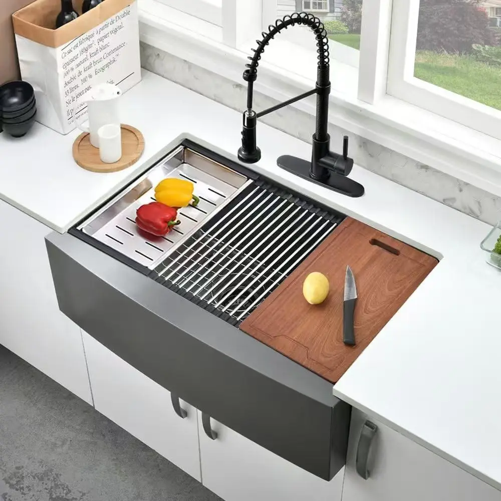 33 Inch Black Stainless Steel Farmhouse Sink Workstation Apron | 33x22 Inch Apron Front Farmhouse Kitchen Sink 16 Gauge 10
