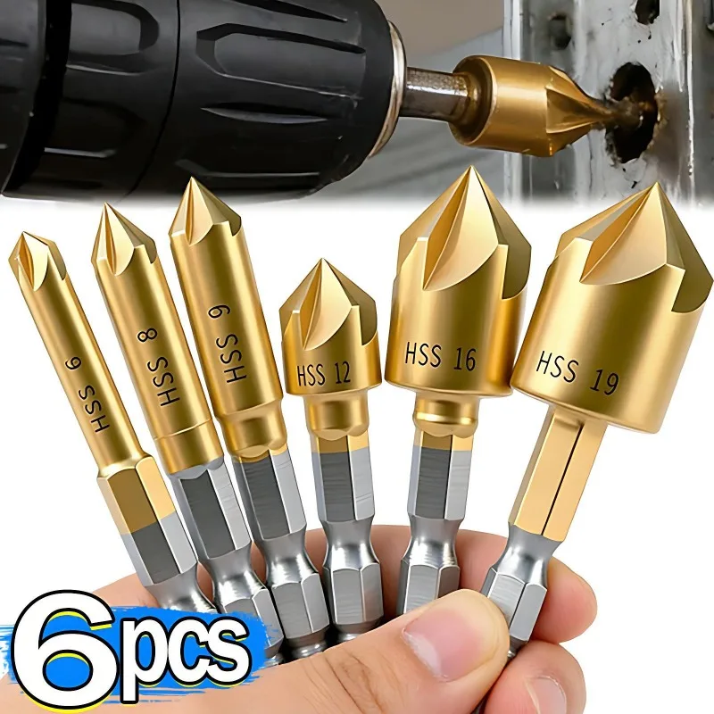 

Набор зенкеров для дерева с титановым покрытием, 5-зубчатые, для снятия фаски, для дерева, металла, пластика, 90 градусов