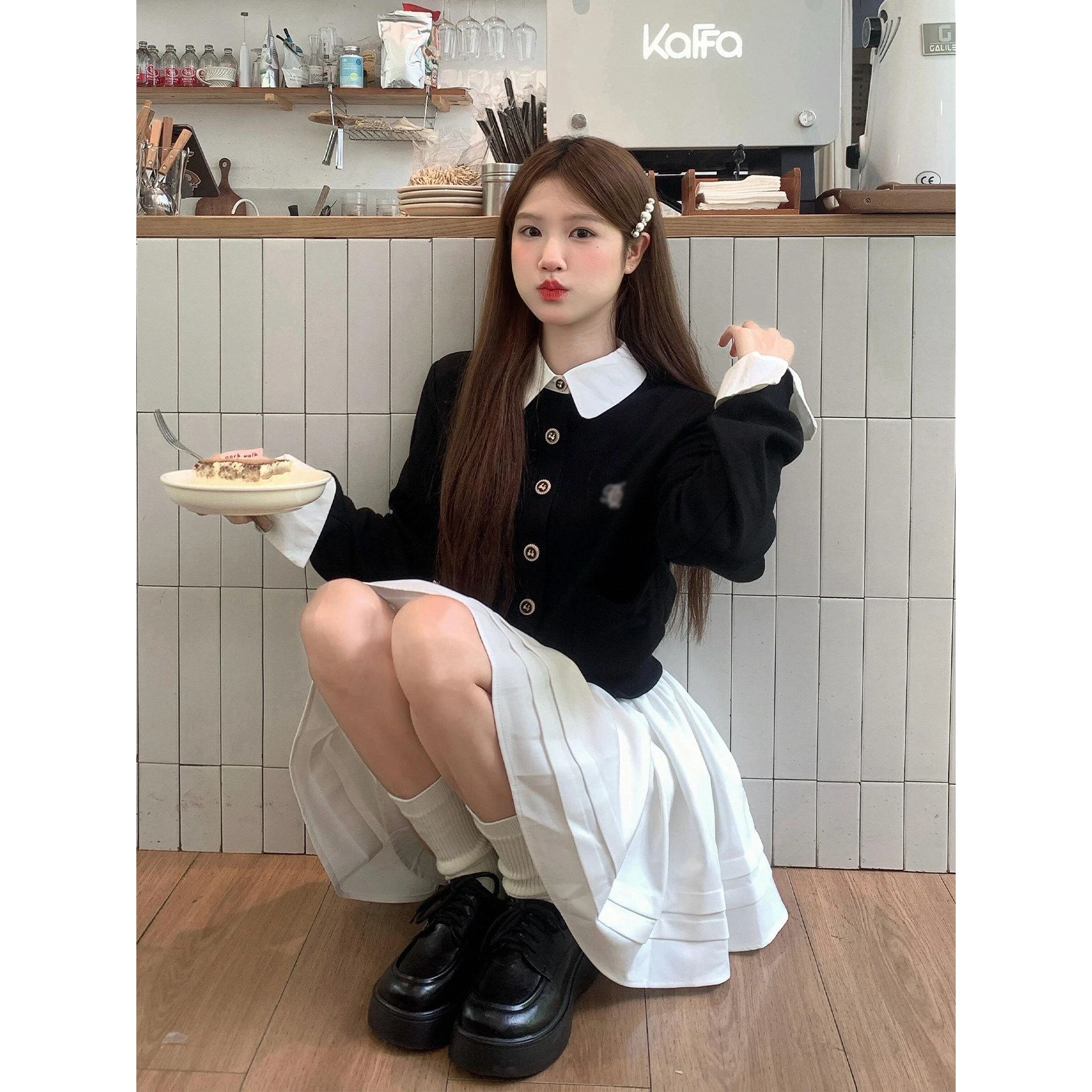 Korean College Style Color Block Fake Two-Piece Dress Women's Spring Autumn Elegant Skirt Whole Set City Walk Three-Quarter S...