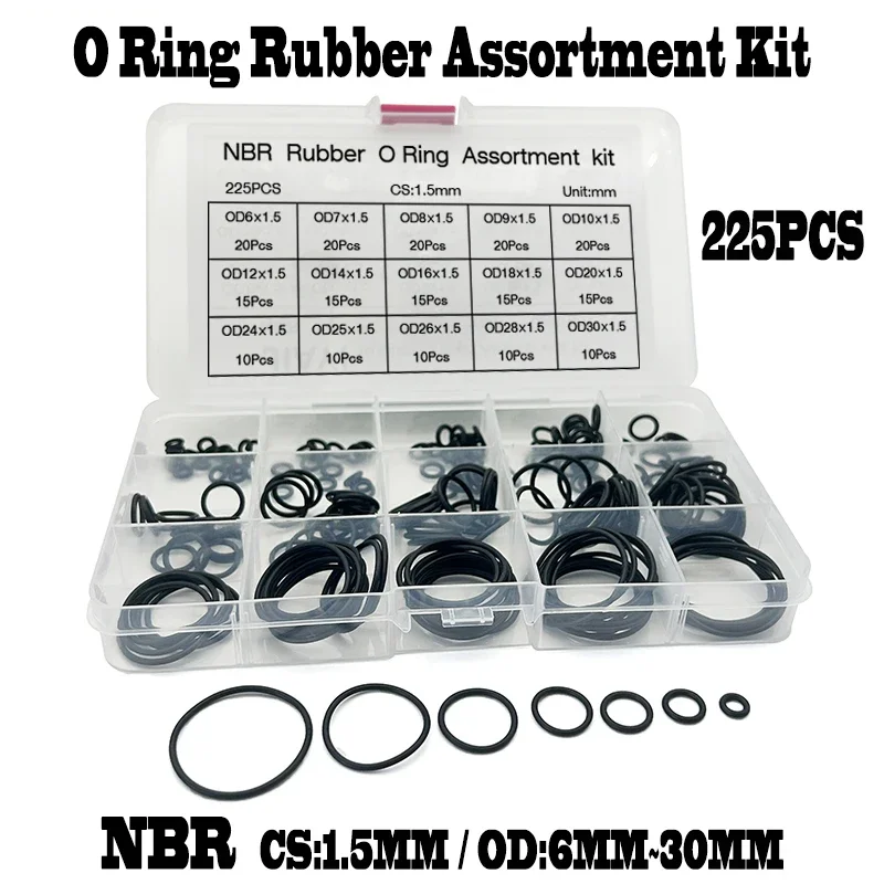 

225 шт. NBR черные уплотнительные кольца в ассортименте CS 1,5 мм наружный диаметр 6 мм-30 мм уплотнения из нитриловой резины для автомобильной промышленности/промышленной масла и износостойкие