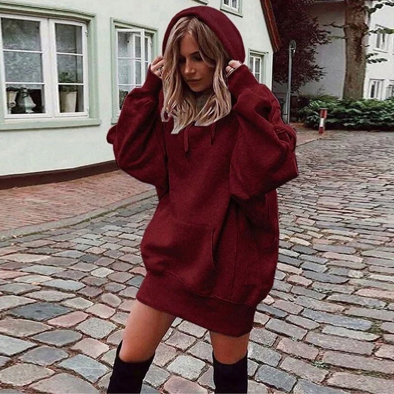 

Autumn Winter Women's Solid Color Pullover Hooded Loose Fleece Hoodie Women Thick Large Pockets Casual Fashion Street Base Top