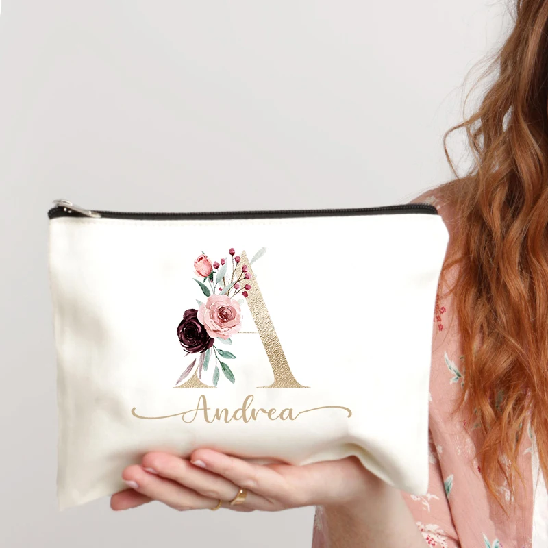 Bolsa de maquillaje con iniciales de monograma de estética Floral, estuche de cosméticos personalizado con nombre, regalo de cumpleaños para amigos y profesores