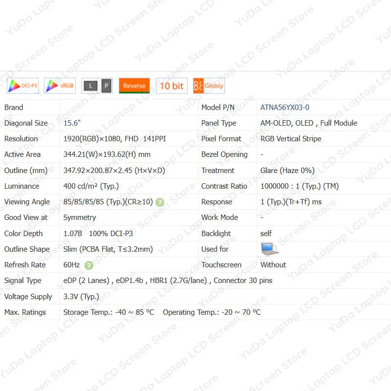 Imagem -06 - Laptop Oled Display Matrix Painel 156 Atna56yx03 Atna56yx030 Asus M3500q M5100u M6500 K3500p X1505 Edp 30 Pinos