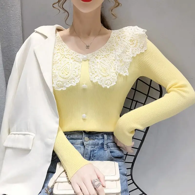 Autumn and Winter Women Stylish Sweet Chic Lace Collar Basic Knitted Sweater Korean Elegant Long Sleeve Solid Slim Pullover Tops