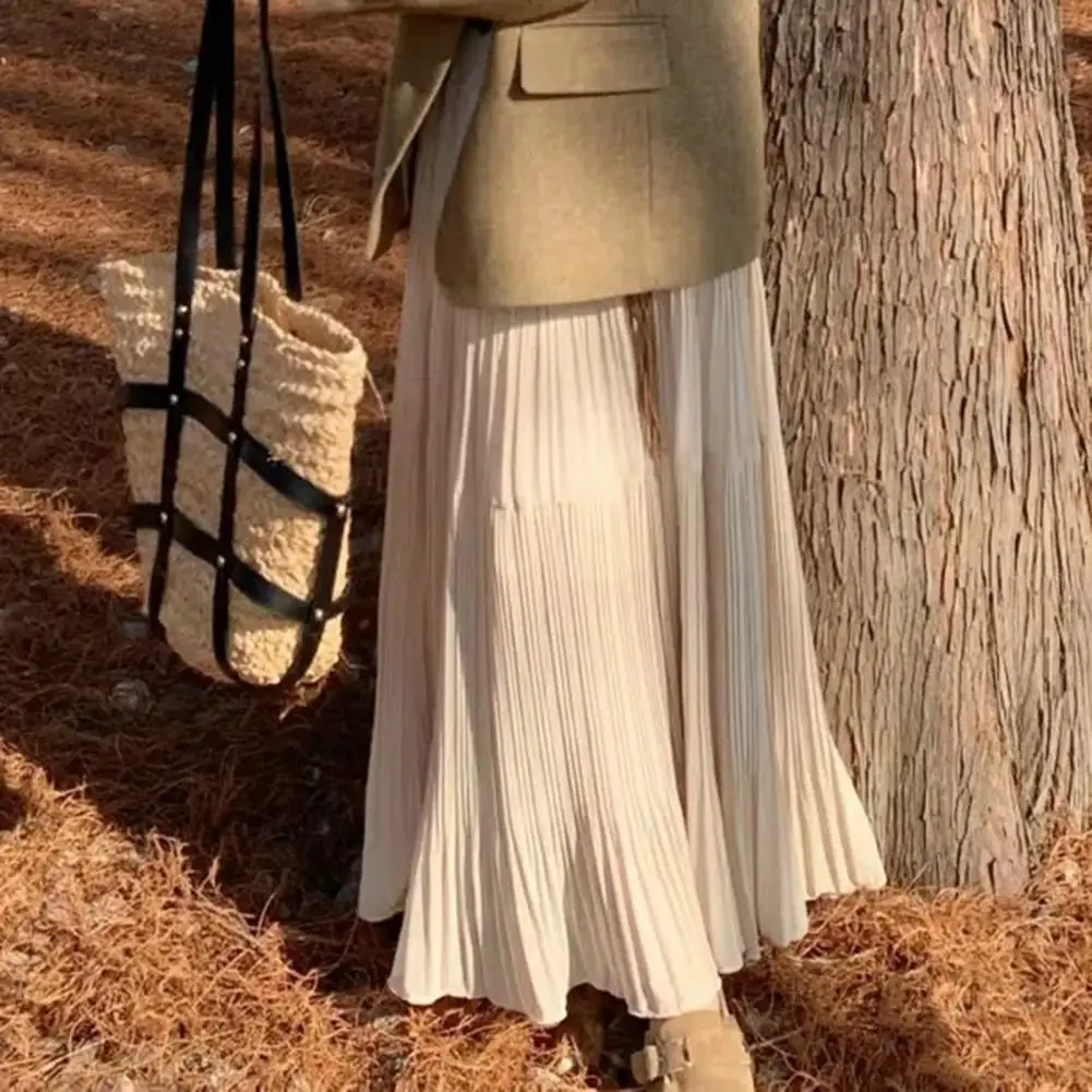 Women Maxi Skirt Elastic High Waist Flowy Hem Long Skirt Solid Color Splicing Slimming Skirt Ie-strap Spliced Flared Daily