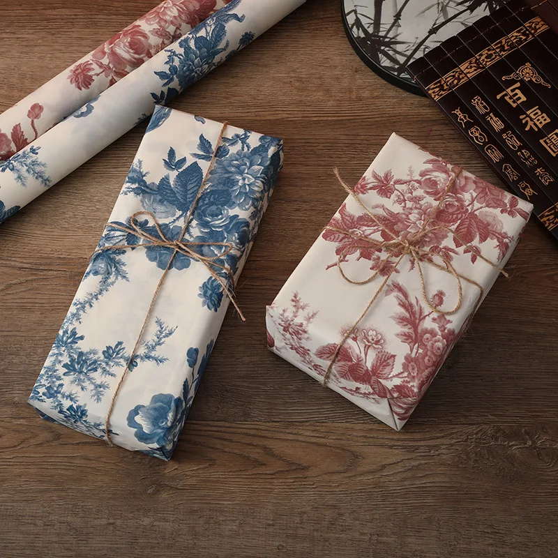 76x50cm/20pcs Chinese Style Peony Blue and White Painting Printing Painting Flower Wrapping Paper Classical Art Vintage Paper