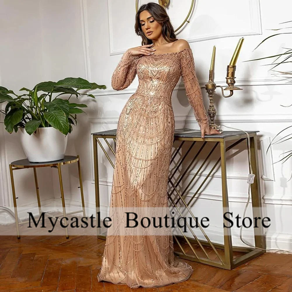 

Luxury Beaded Long Sleeves Evening Dress Customized Boat Neck Sparkling Mermaid Arabian Prom Gown Wedding Party Dresses