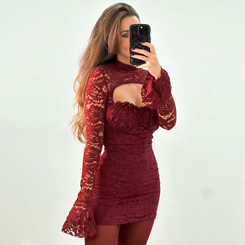 

Womens dress summer trend 2025 new in Lace Long sleeve Short dresses chic sexy Youth bodycon tight mini Hollow out free shipping