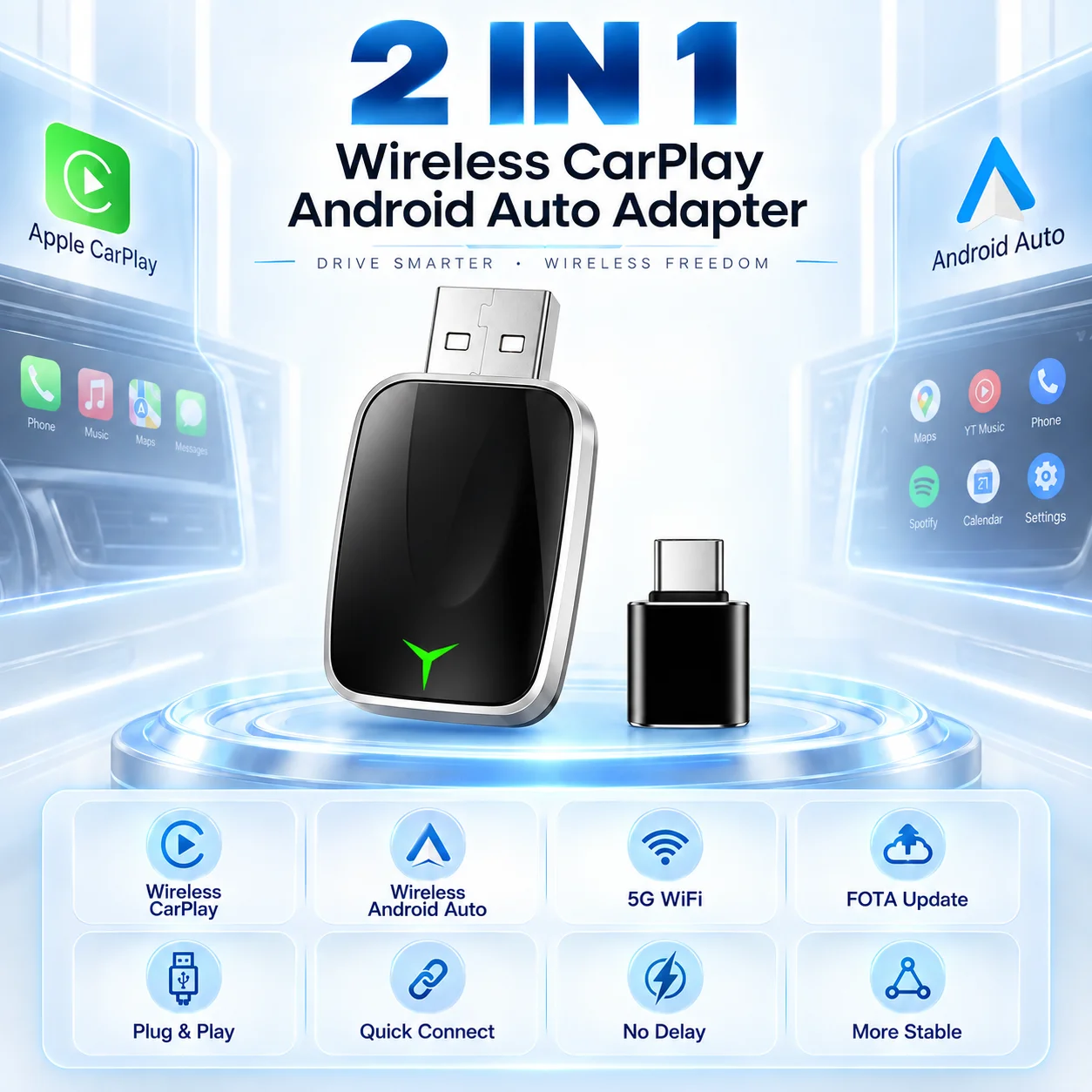 2-in-1 Wireless CarPlay Android Auto Adapter Wired to Wireless Smart Mini Box Plug & Play USB Dongle