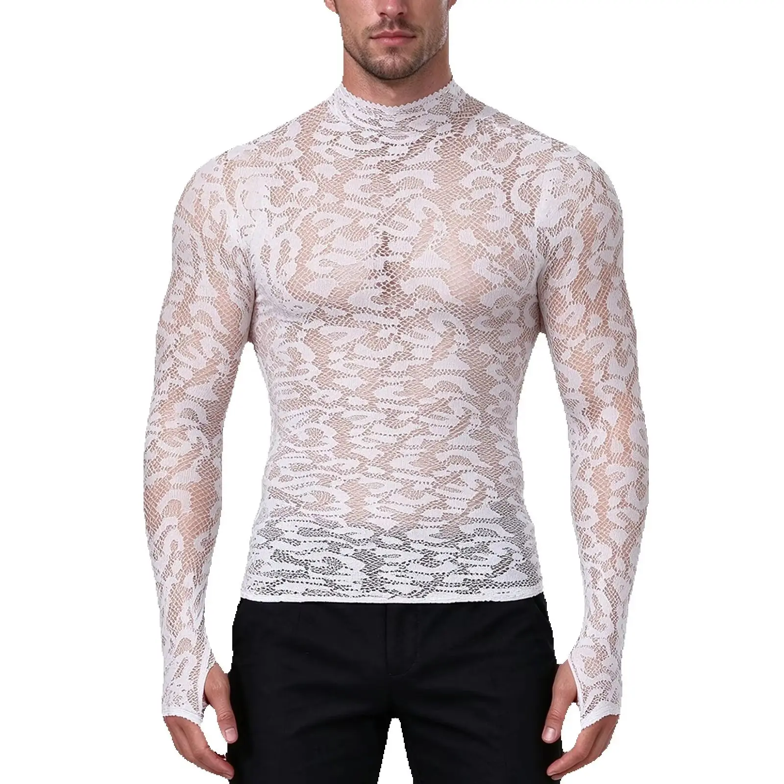 Long Sleeve Workout T Shirt Men Gym Leopard Mesh Mock Neck Lace Athletic Sheer Tops Training Tee Running Sports Thumb Hole