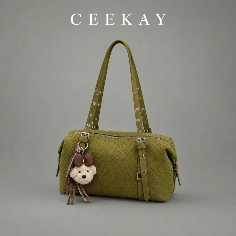 CEEKAY Olive Green Woven Leather Satchel Bag Twin Grommet Strap Buckle Detail Dog Charm Everyday Utility Roomy Chic Purse Women