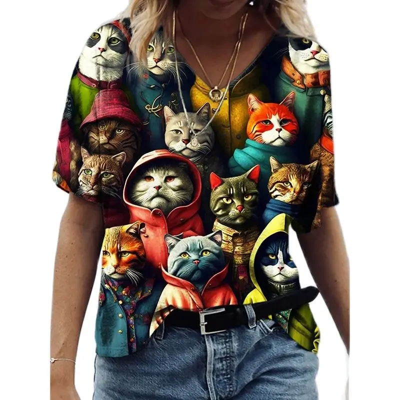 Women\'s 3d Cats Print T-Shirt Fashion Woman Blouses 2023 Funny Kawaii V-Neck T Shirt Female Clothing Oversized Summer Tops Tees