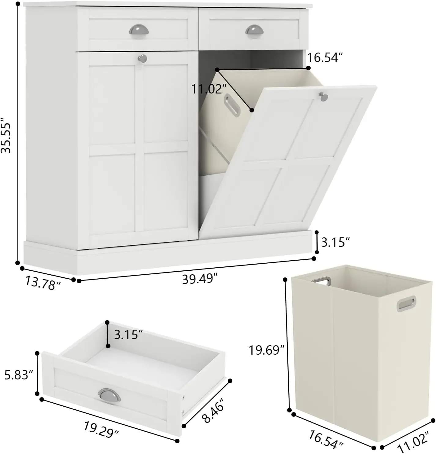 Double Tilt Out Laundry Hamper Cabinet, Hidden Laundry Cabinet with 2 Drawers & 2 Baskets 30 Gallon Trash Can for Bathroom