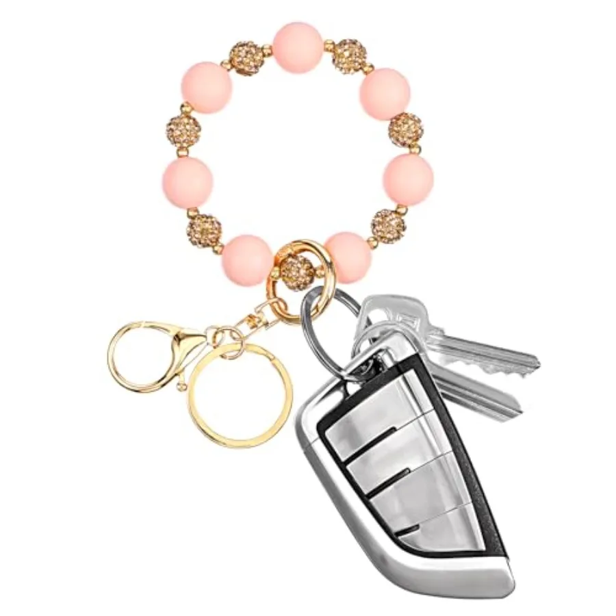 

Yolev Beaded Keychain Wristlet Silicone Keychain for Women Pink Cute Key Wristlet with Key Rings Elastic Car Key Holder Bangle