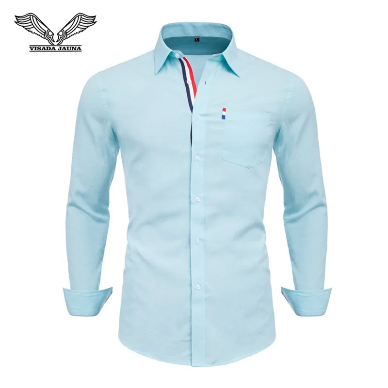 VISADA JAUNA US Europe XXL 2018 Men Shirt Solid Color Cotton Casual Business Male Brand Clothing Chemise Homme Blue Dress