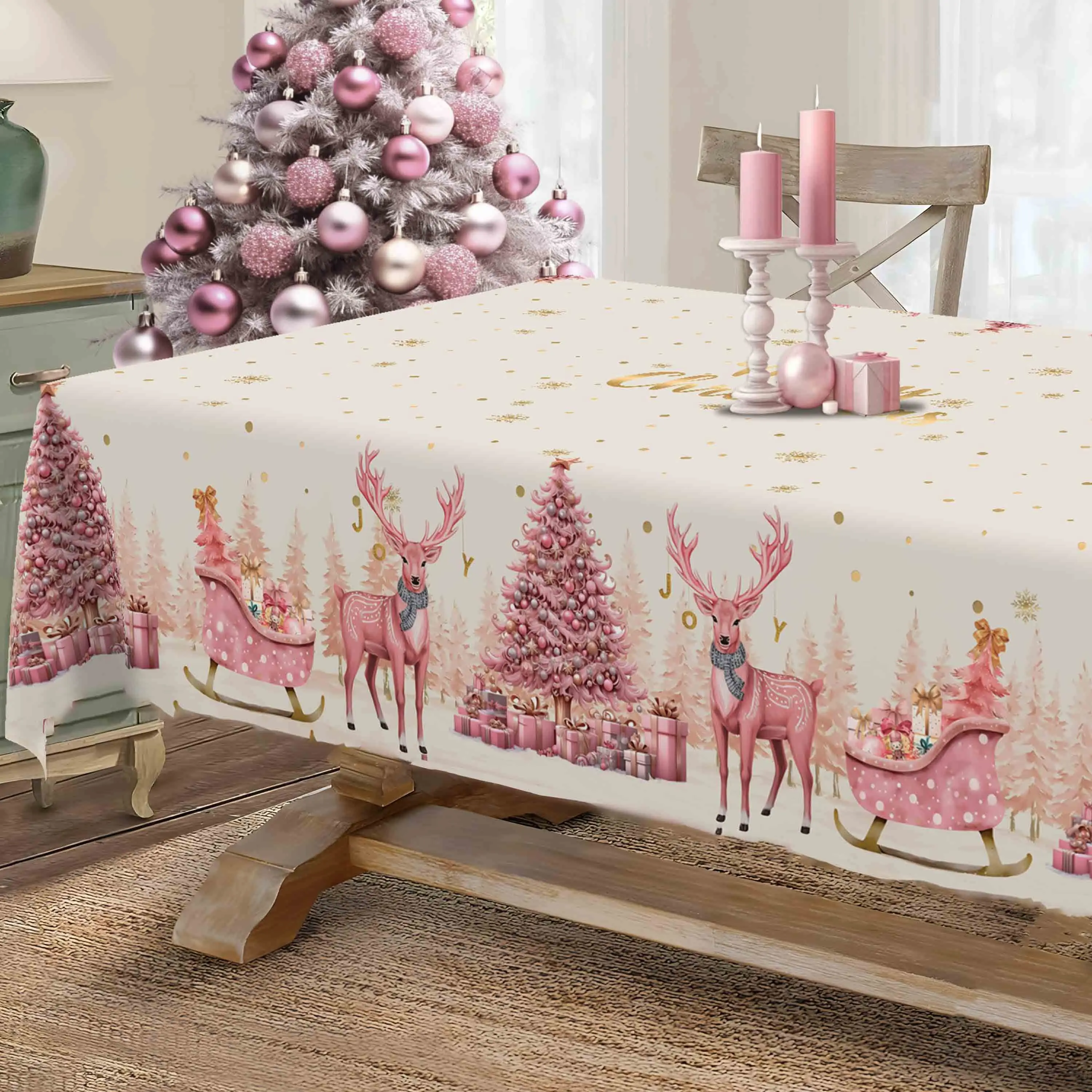 1 PC Pink Retro Christmas Tablecloth, featuring reindeer and Christmas tree design, for festive Christmas decorationzyc
