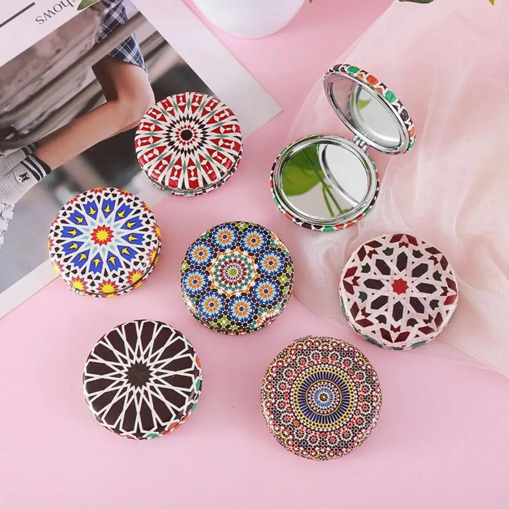 Pu Leather PU Desktop Stand Mirror Bohemian Delicate Circular Folding Makeup Mirror Easy To Carry Round Vanity Mirror Bedroom