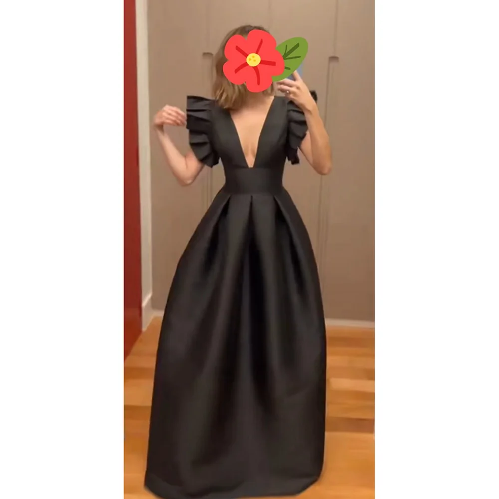 

Sexy Deep V Neck Black Satin Long Prom Gowns Ruffles Flying Sleeves Evening Party Dresses Elegant Drap Women Dresses Customized