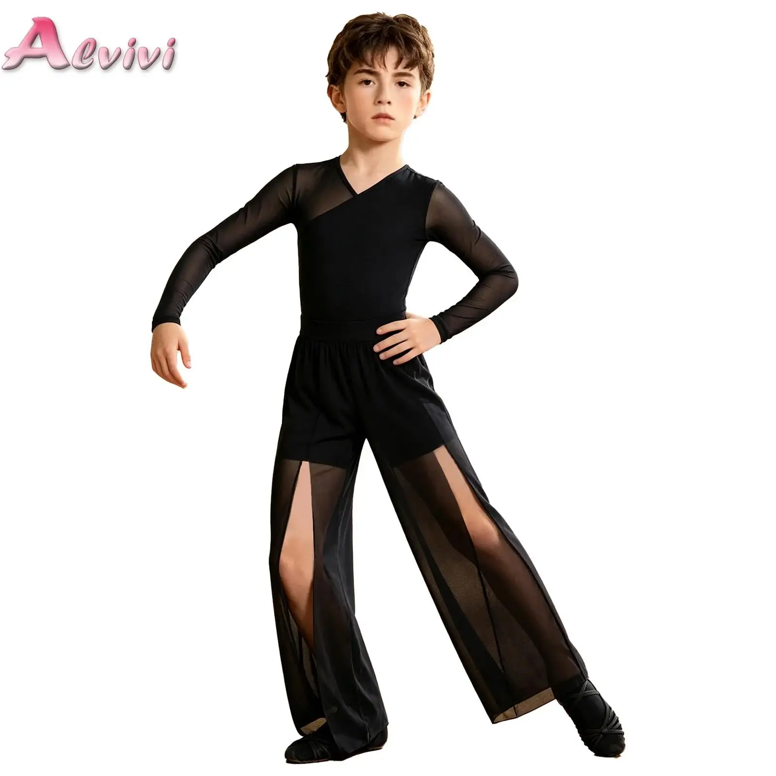 

Kids Boys Lyrical Dance Outfit Long Sleeve V-neck Bosyduit with Split Mesh Pants for Ballet Modern Dance Performance Competition