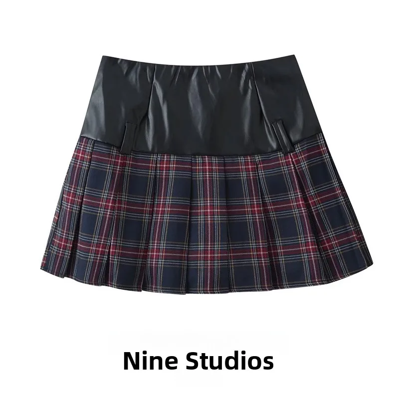 

High Waist Plaid Patchwork PU Leather Skirt Women's Spring Summer Autumn Pleated Skirt Standard Fit Polyester Fabric