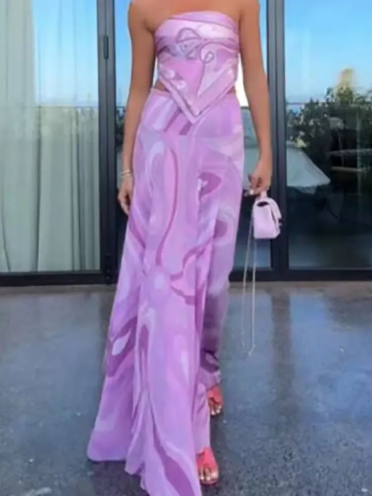 

2025 New Summer Holiday Outfit Sexy Printed Tube Top Long Skirt Set Women Sleeveless Backless Lace Up Vest A-line Pleated Skirts